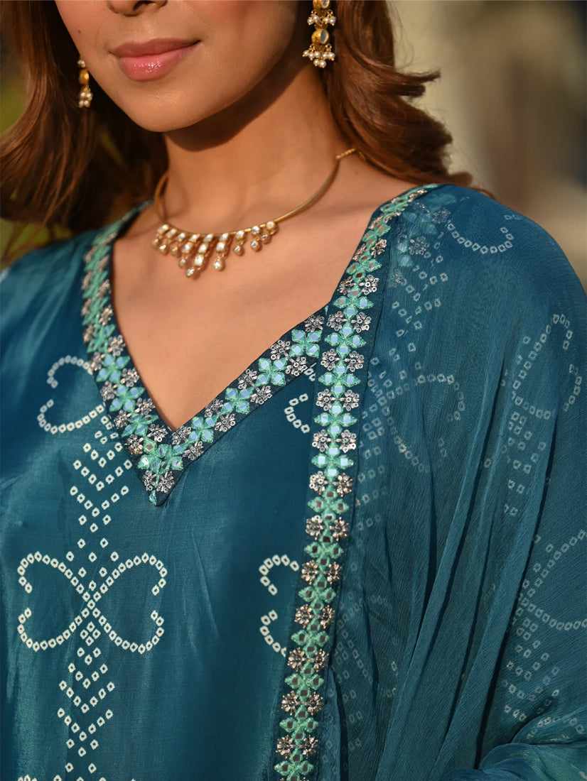 Women’s Blue Chinon Silk Kurta Set with Embroidery and Soft Nazneen Dupatta