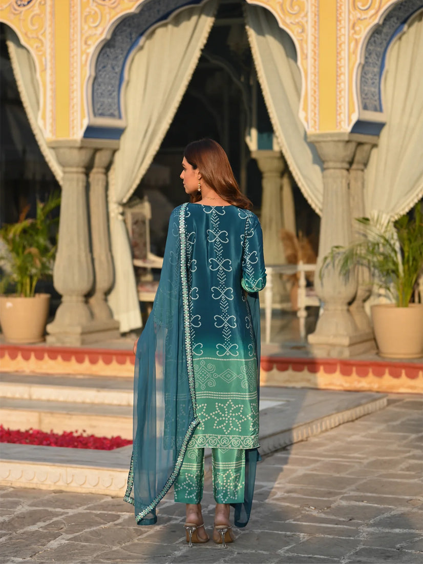Women’s Blue Chinon Silk Kurta Set with Embroidery and Soft Nazneen Dupatta