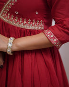 Women’s Red Muslin Cotton Embroidered Kurta Set with Chanderi Cotton Dupatta