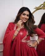 Women’s Red Muslin Cotton Embroidered Kurta Set with Chanderi Cotton Dupatta