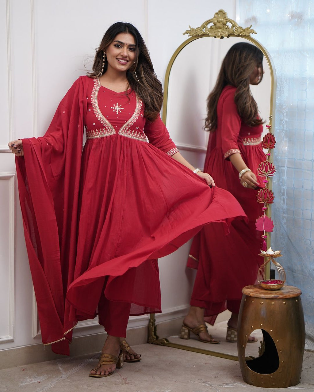 Women’s Red Muslin Cotton Embroidered Kurta Set with Chanderi Cotton Dupatta