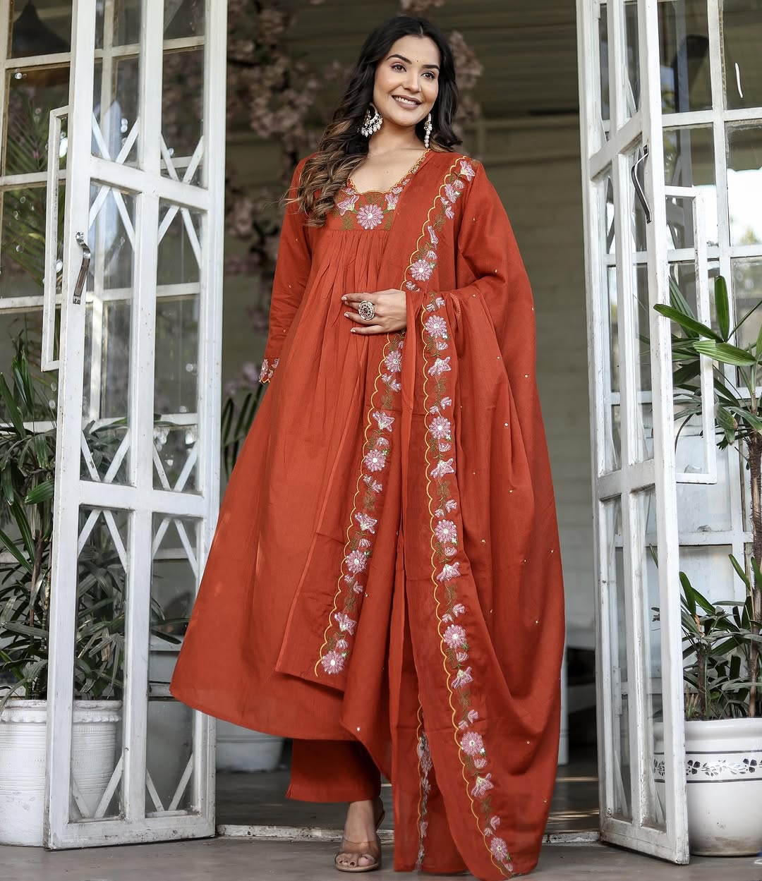Women’s Orange Rayon Slub Embroidered Kurta Set with Flared Chanderi Dupatta