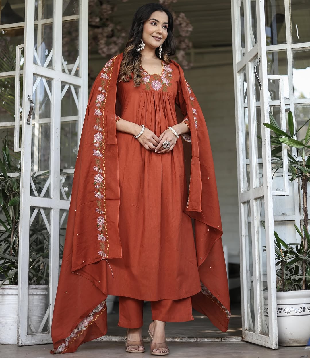 Women’s Orange Rayon Slub Embroidered Kurta Set with Flared Chanderi Dupatta