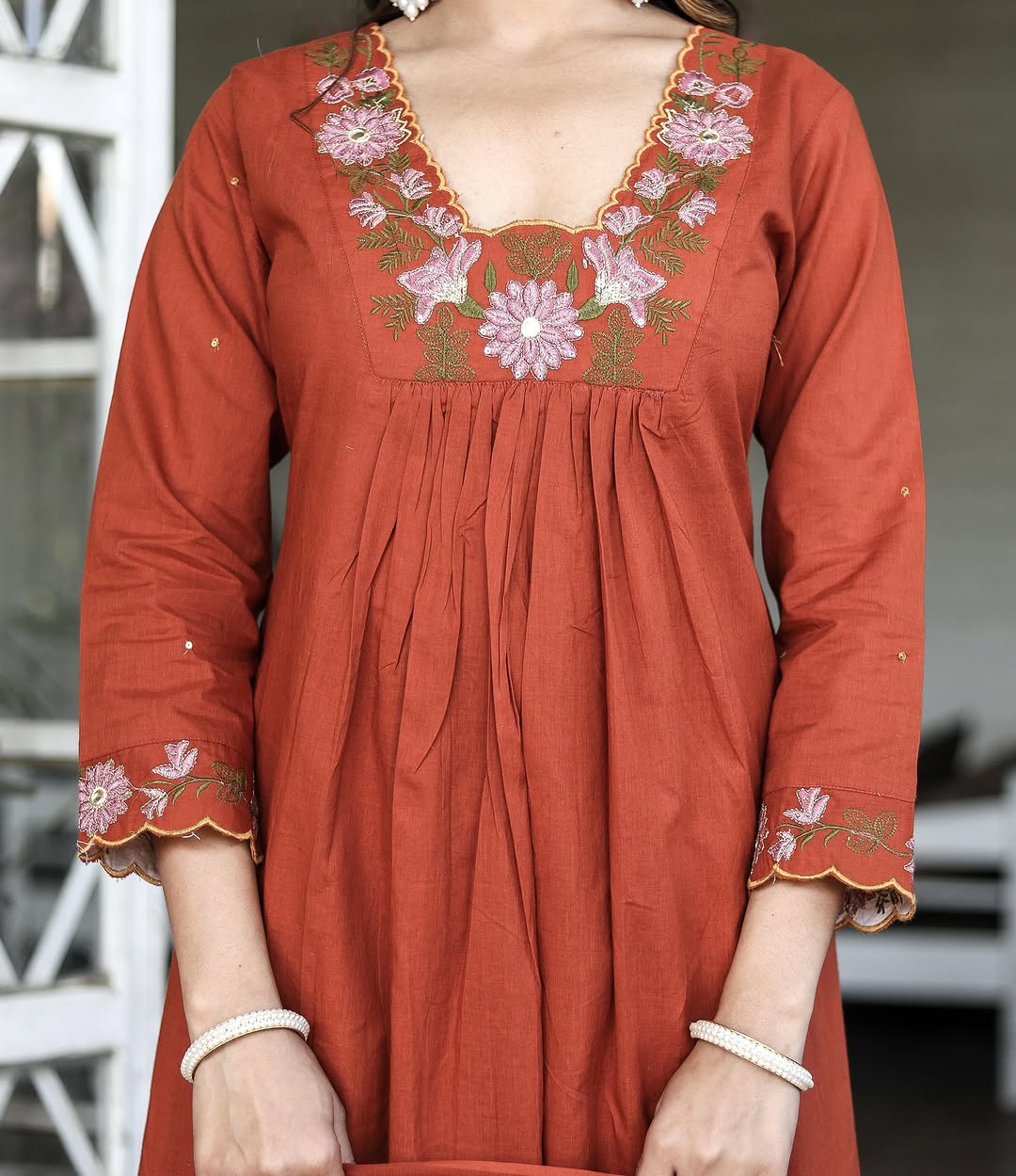 Women’s Orange Rayon Slub Embroidered Kurta Set with Flared Chanderi Dupatta