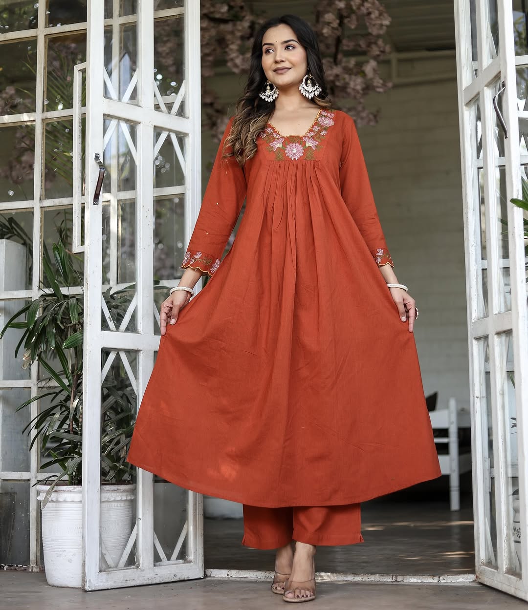 Women’s Orange Rayon Slub Embroidered Kurta Set with Flared Chanderi Dupatta