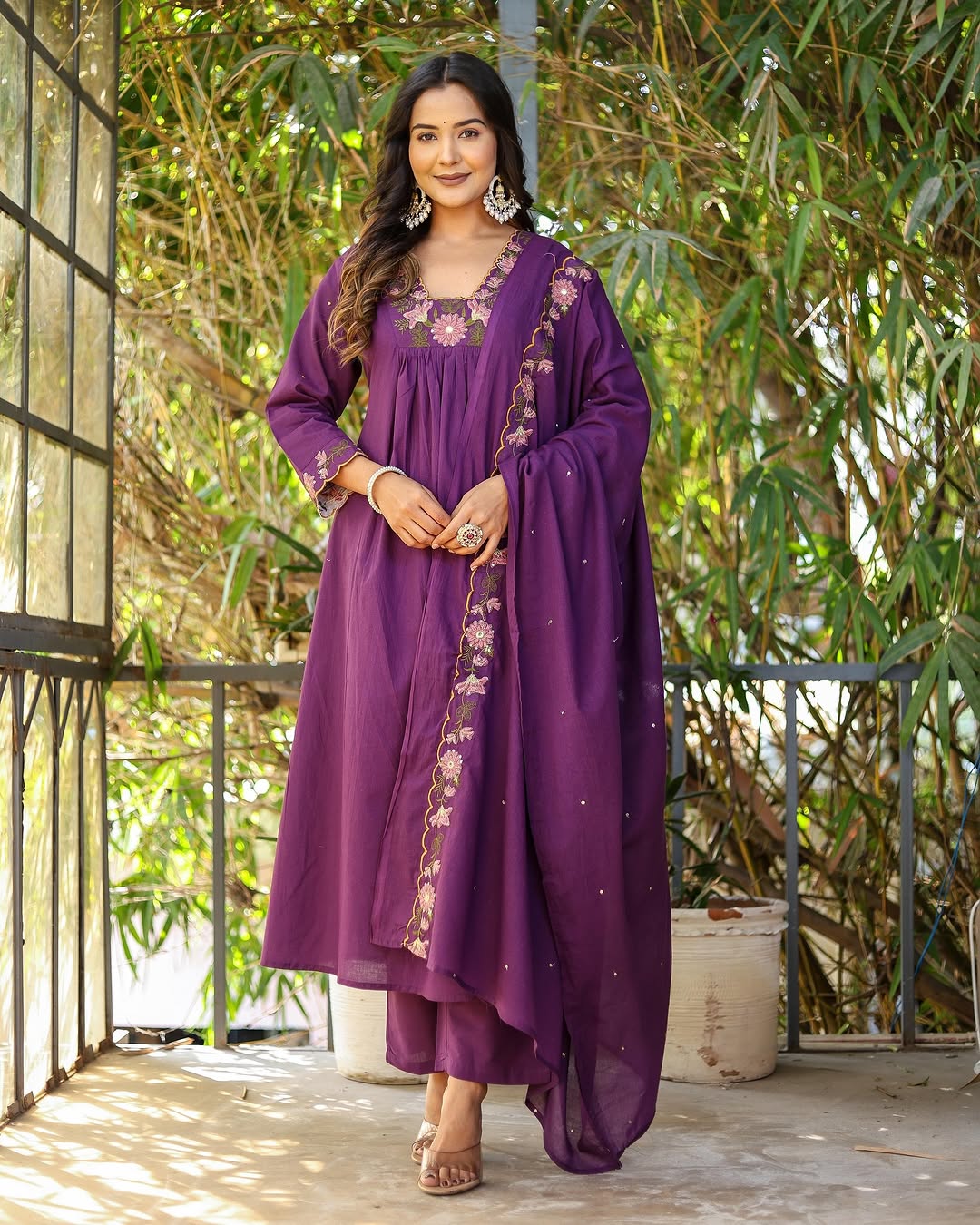 Women’s Purple Rayon Slub Embroidered Kurta Set with Flared Chanderi Dupatta
