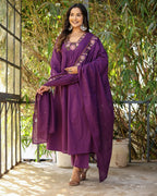 Women’s Purple Rayon Slub Embroidered Kurta Set with Flared Chanderi Dupatta