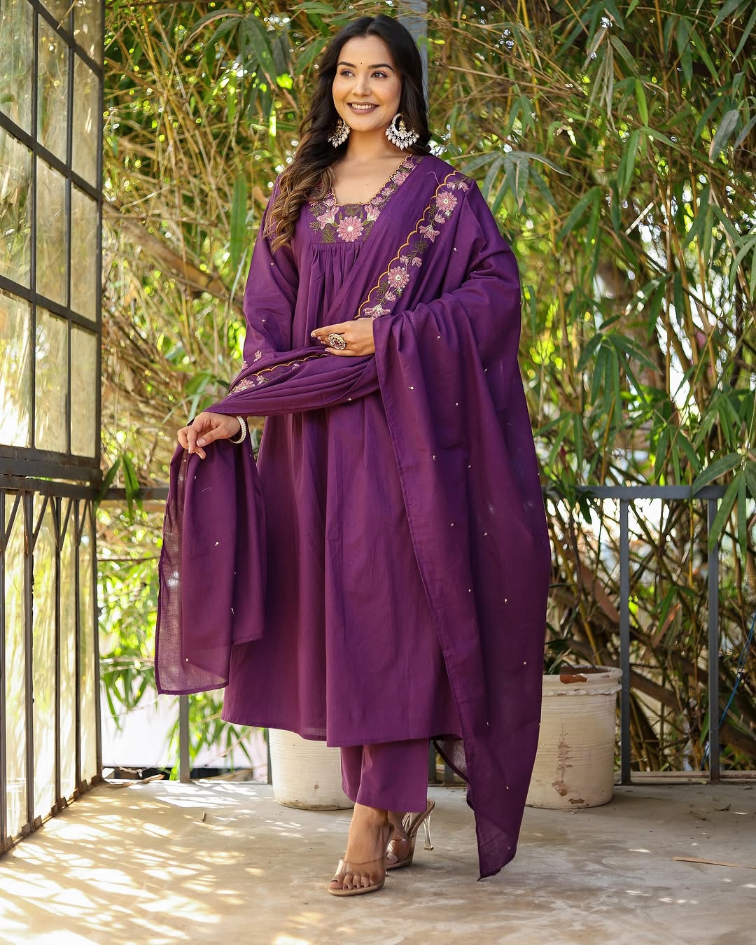 Women’s Purple Rayon Slub Embroidered Kurta Set with Flared Chanderi Dupatta