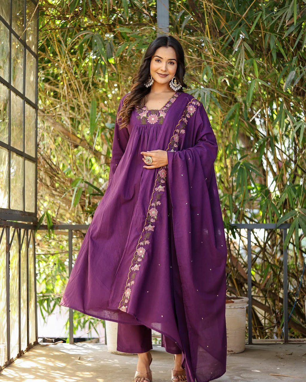 Women’s Purple Rayon Slub Embroidered Kurta Set with Flared Chanderi Dupatta