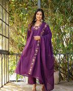 Women’s Purple Rayon Slub Embroidered Kurta Set with Flared Chanderi Dupatta