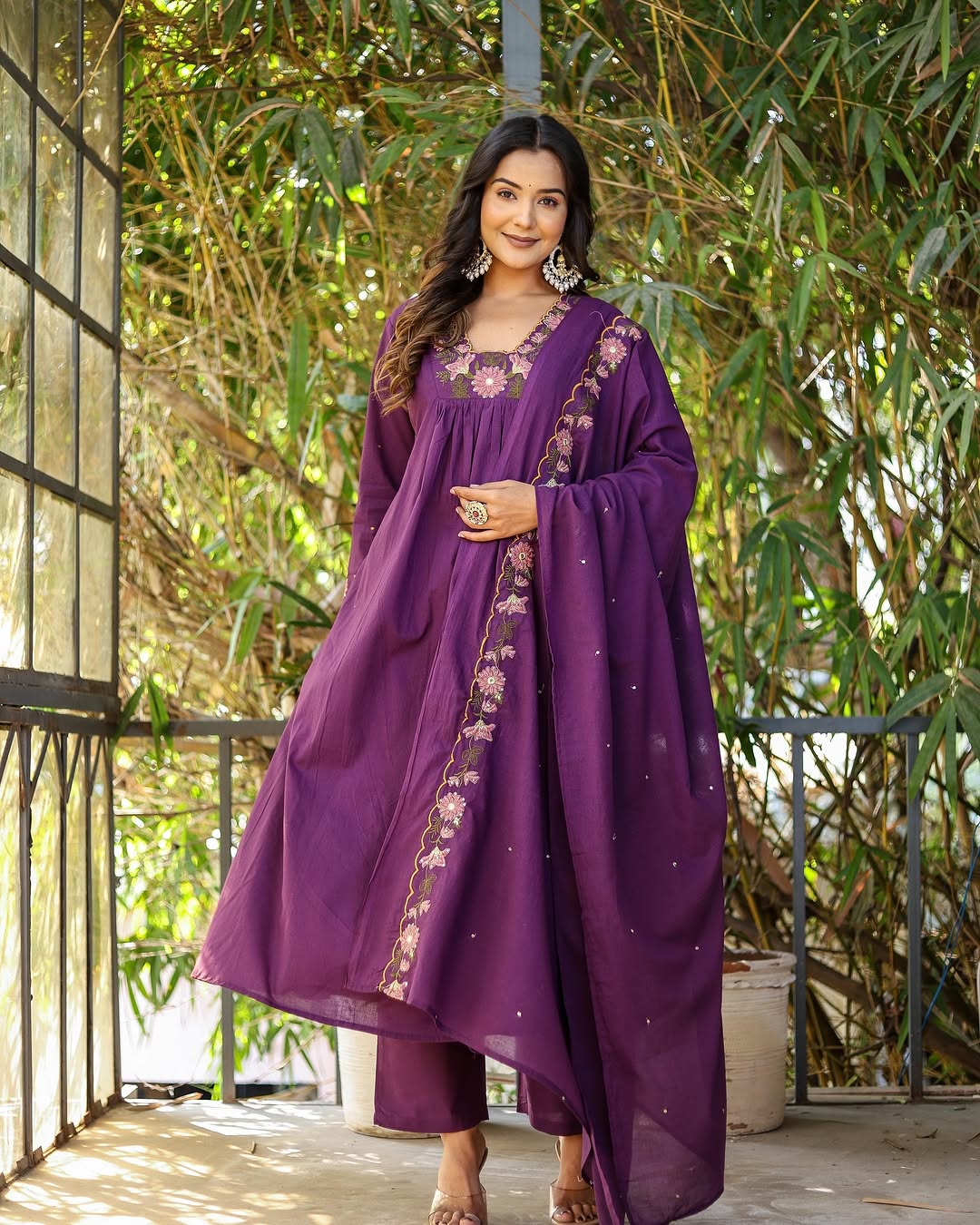 Women’s Purple Rayon Slub Embroidered Kurta Set with Flared Chanderi Dupatta
