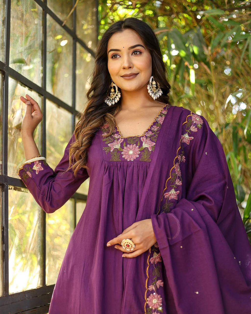 Women’s Purple Rayon Slub Embroidered Kurta Set with Flared Chanderi Dupatta