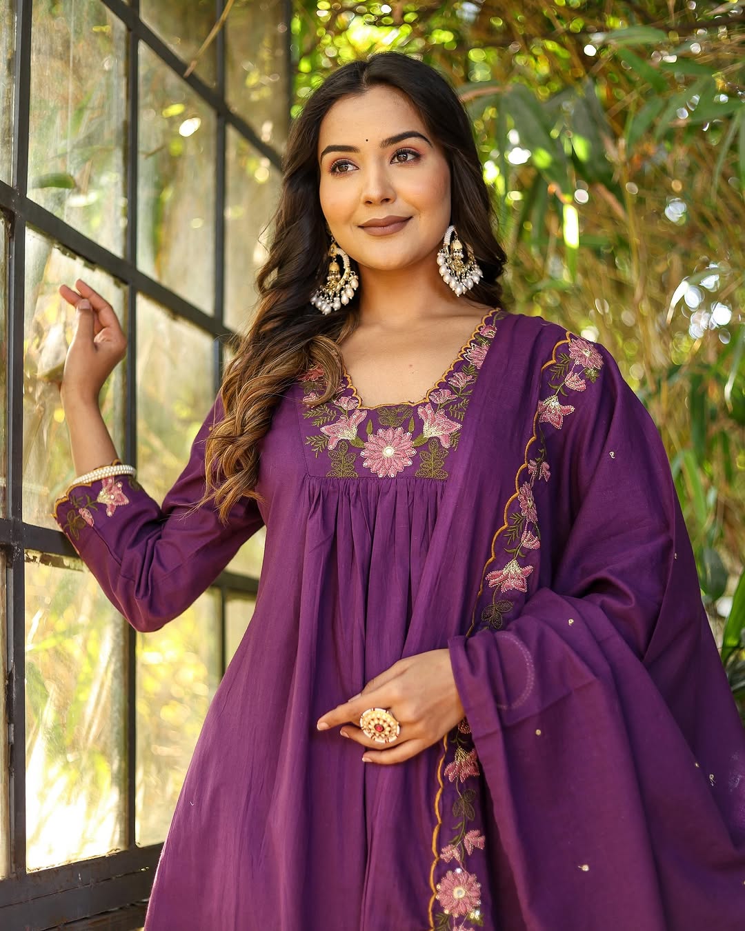 Women’s Purple Rayon Slub Embroidered Kurta Set with Flared Chanderi Dupatta