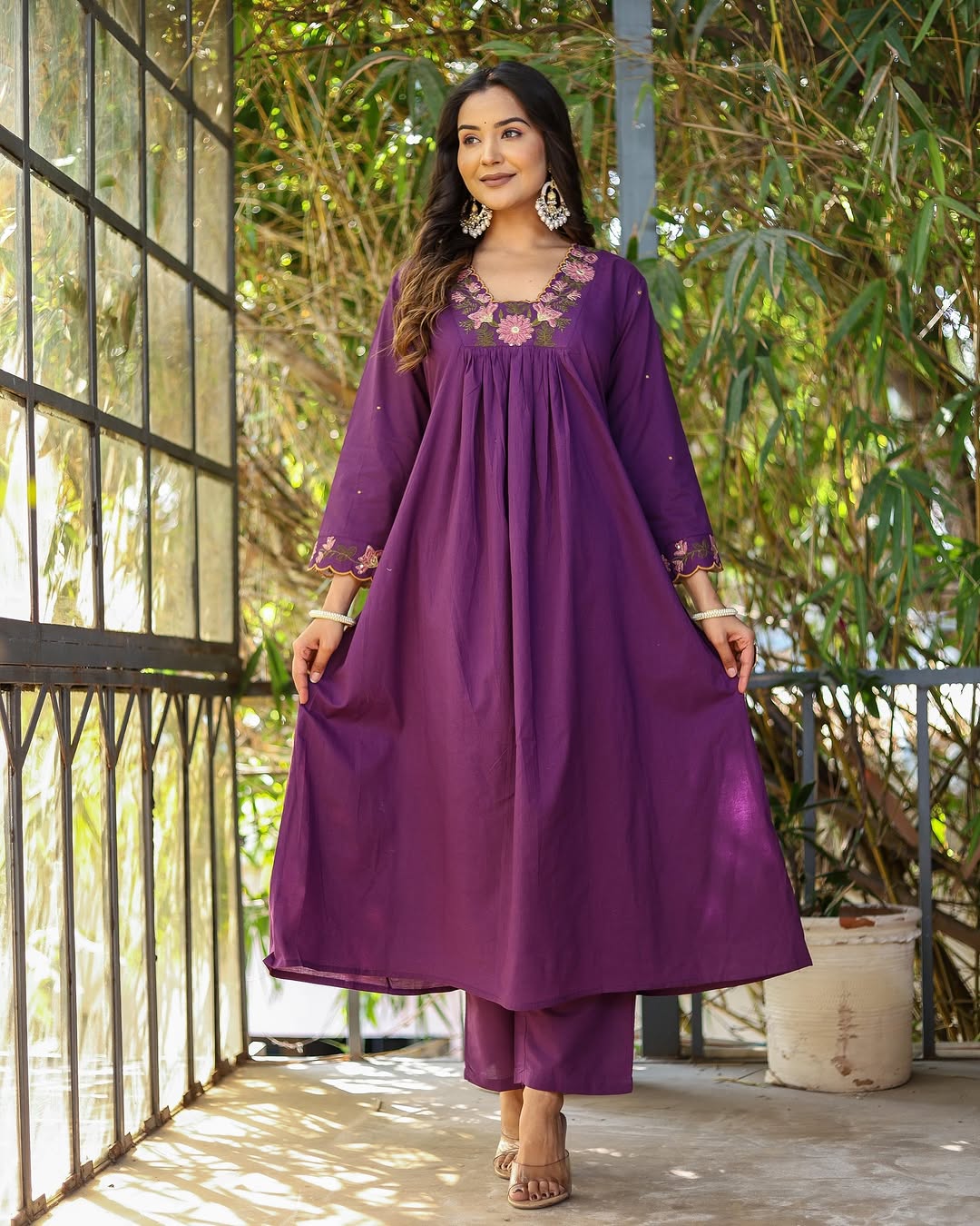 Women’s Purple Rayon Slub Embroidered Kurta Set with Flared Chanderi Dupatta