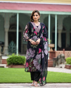 Georgette Black Printed & Embroidered Top with Roman Silk Bottom & Georgette Dupatta