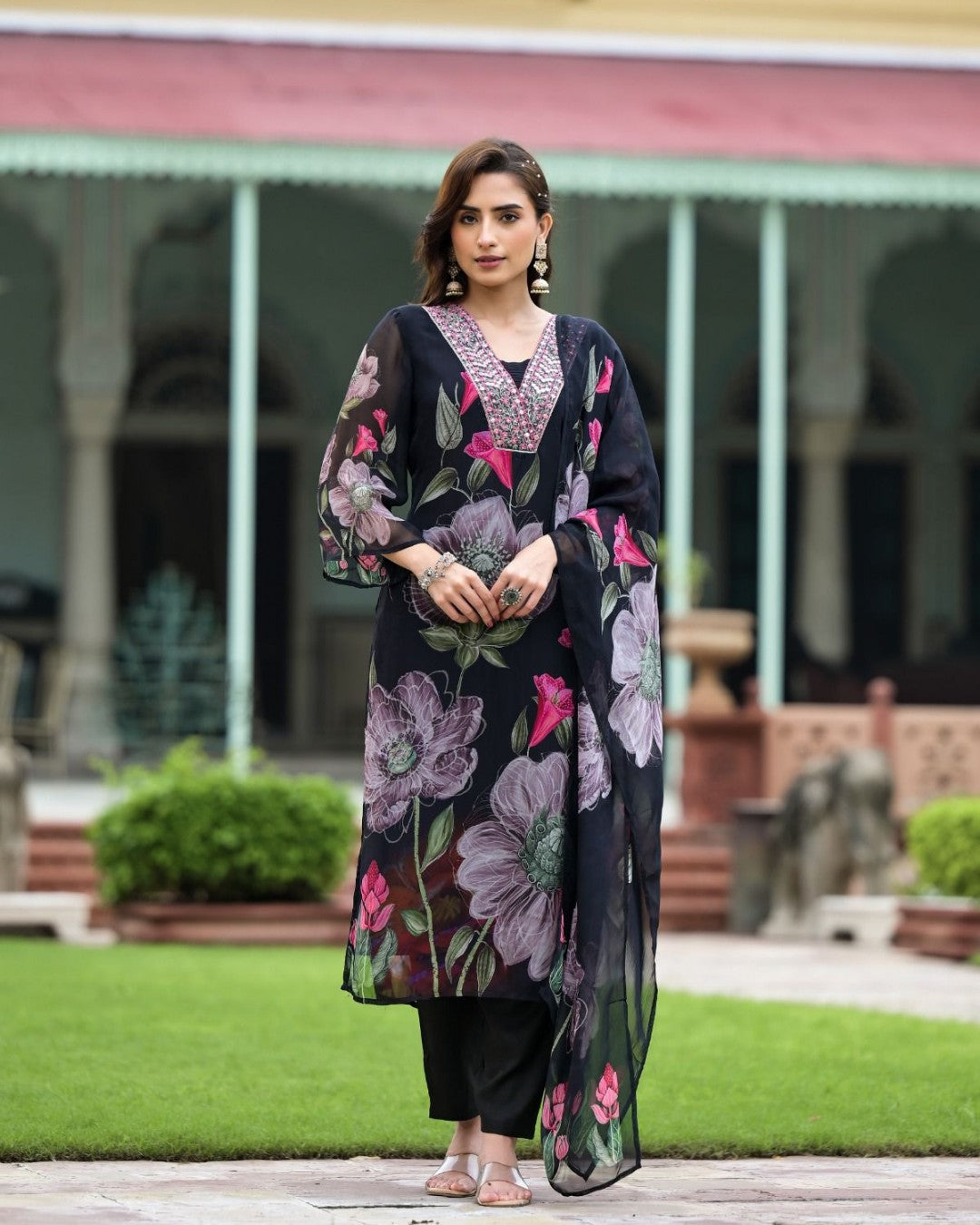 Georgette Black Printed & Embroidered Top with Roman Silk Bottom & Georgette Dupatta