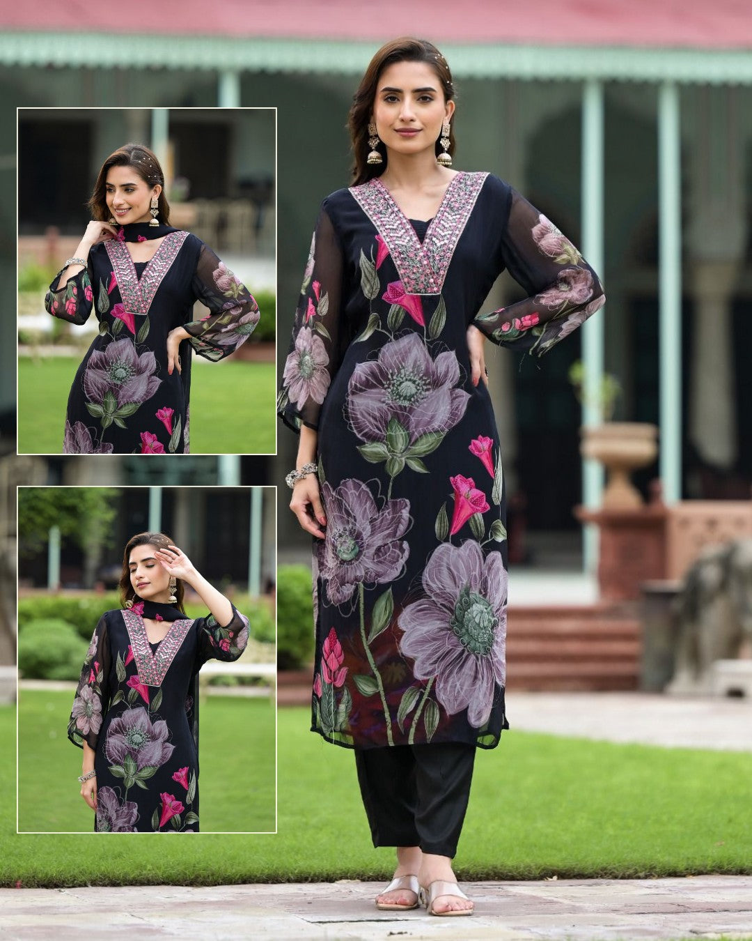 Georgette Black Printed & Embroidered Top with Roman Silk Bottom & Georgette Dupatta