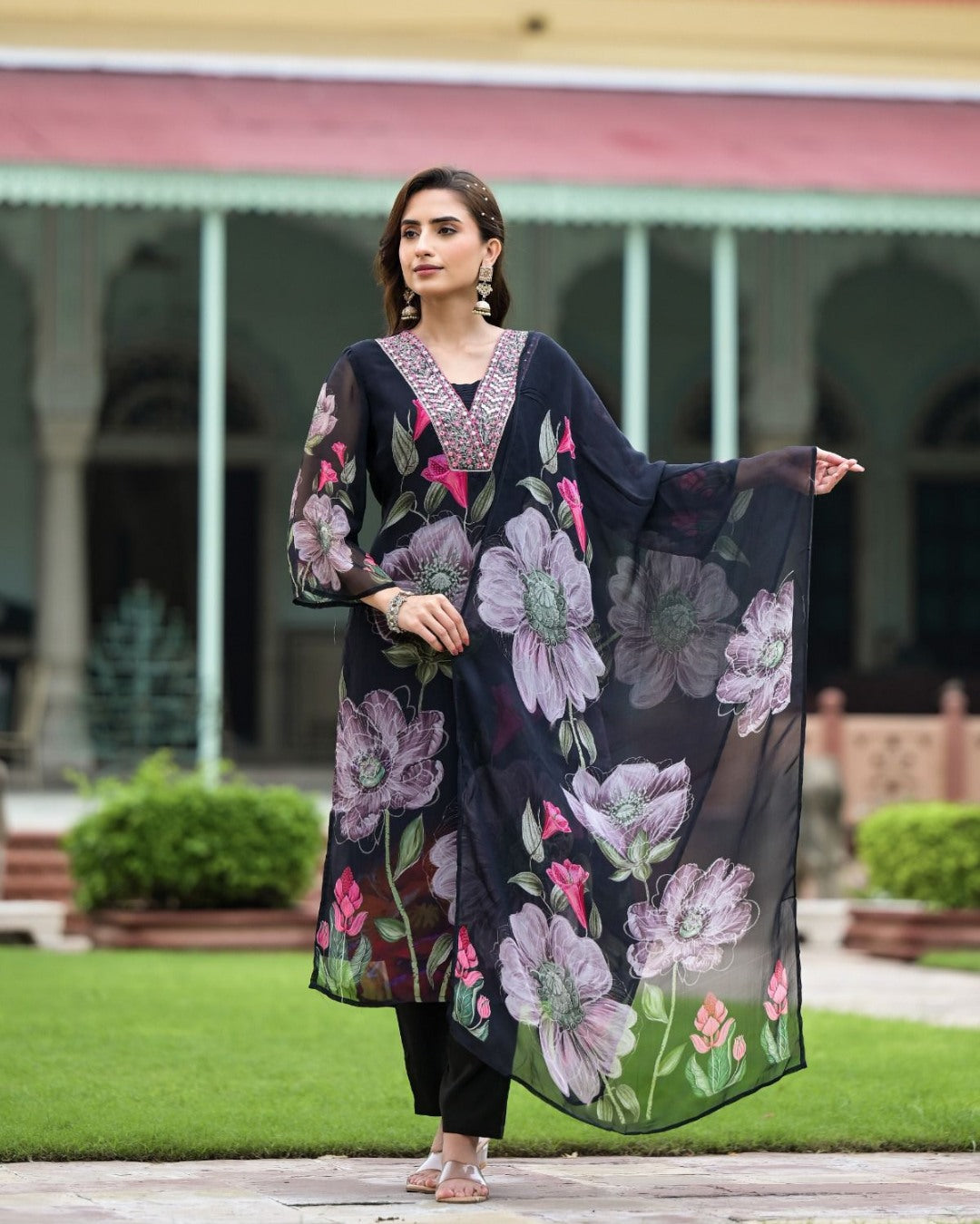 Georgette Black Printed & Embroidered Top with Roman Silk Bottom & Georgette Dupatta