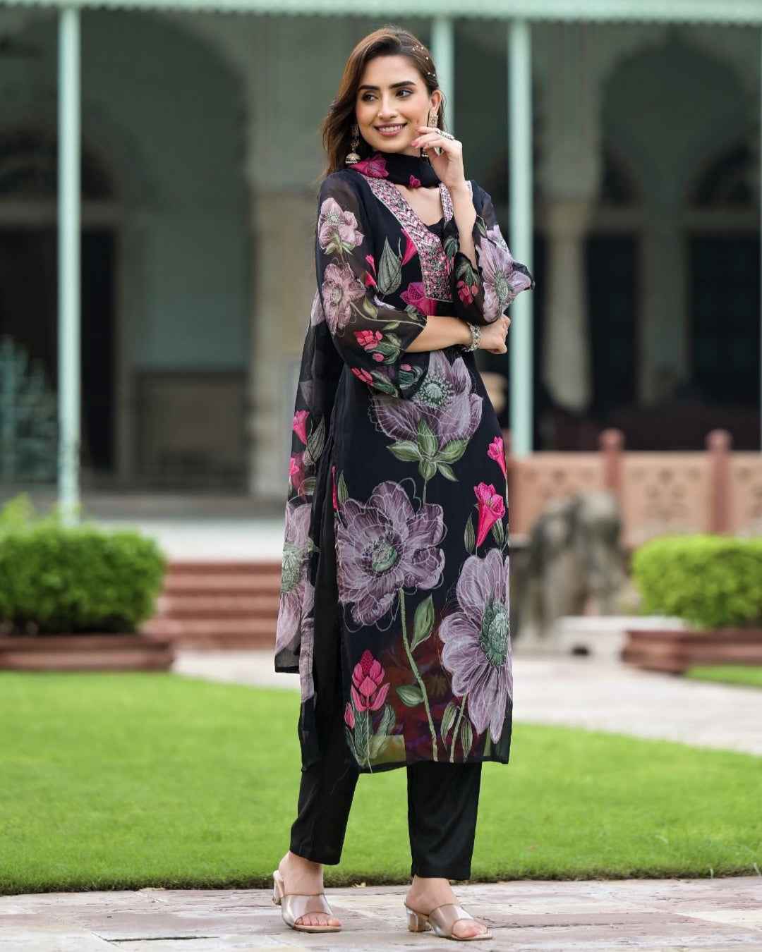 Georgette Black Printed & Embroidered Top with Roman Silk Bottom & Georgette Dupatta