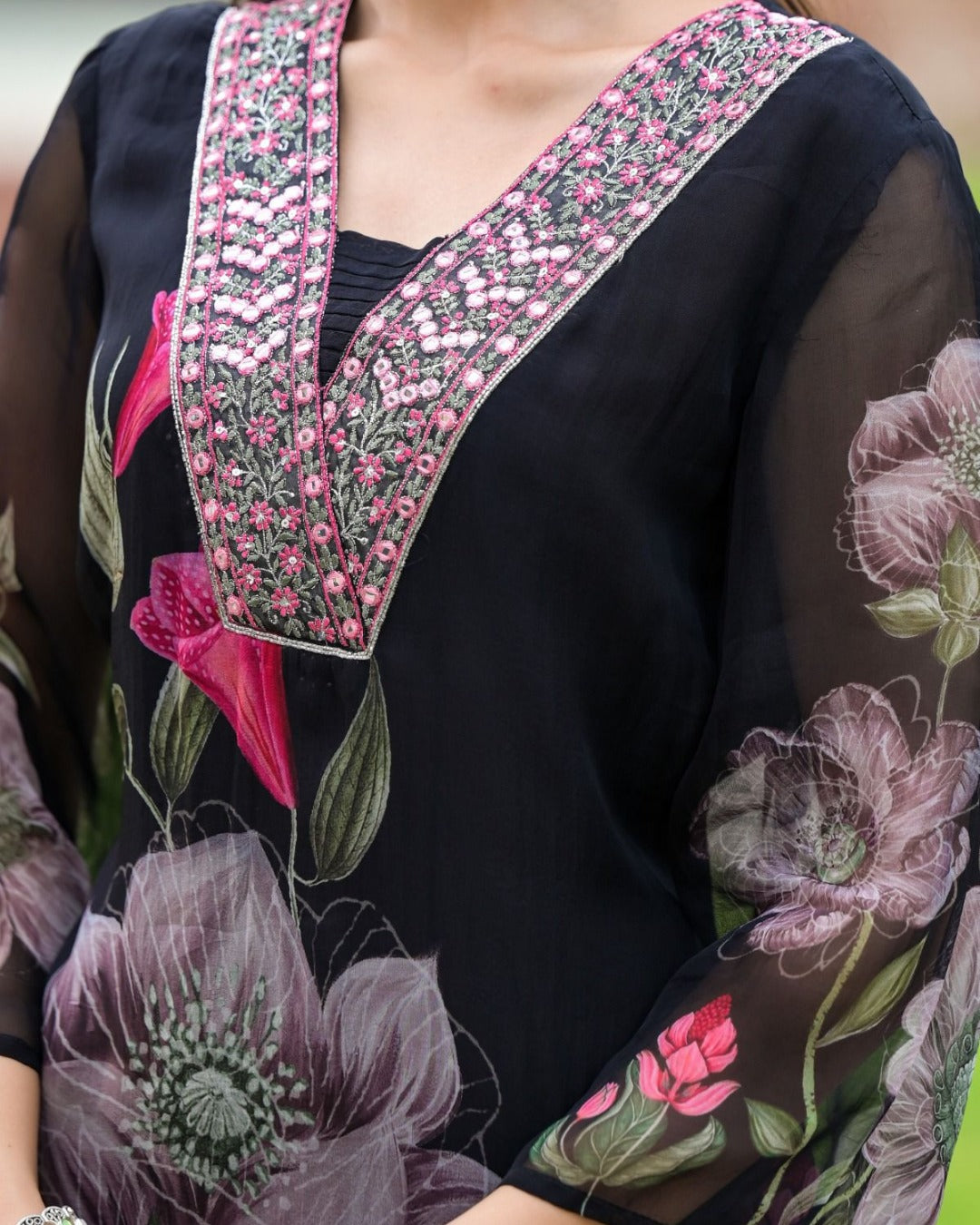 Georgette Black Printed & Embroidered Top with Roman Silk Bottom & Georgette Dupatta
