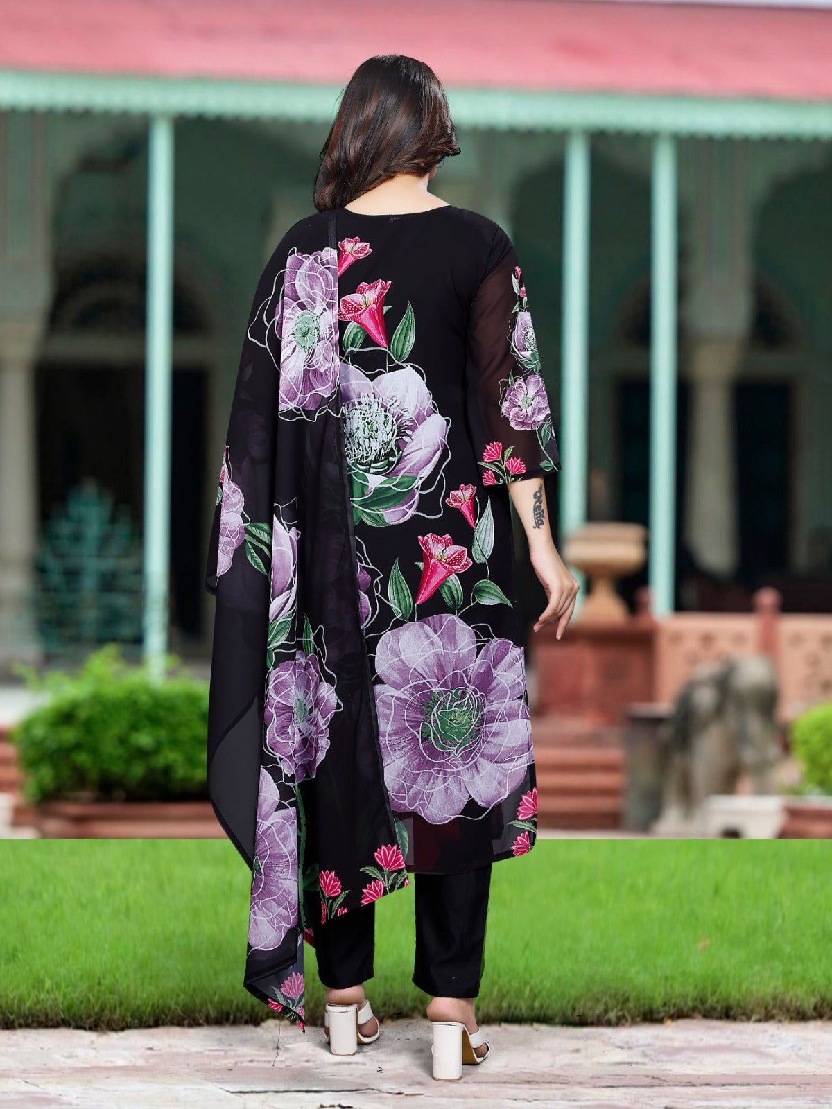 Georgette Black Printed & Embroidered Top with Roman Silk Bottom & Georgette Dupatta