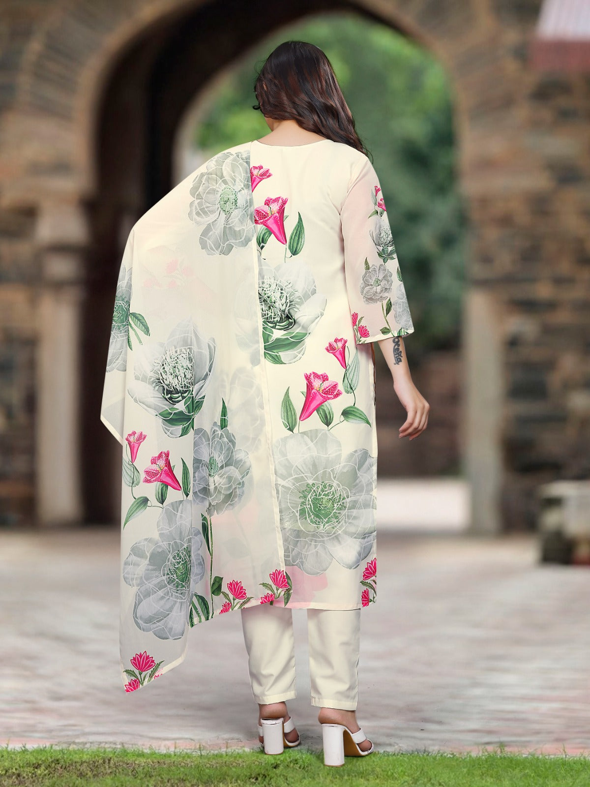 Georgette White Printed & Embroidered Top with Roman Silk Bottom & Georgette Dupatta