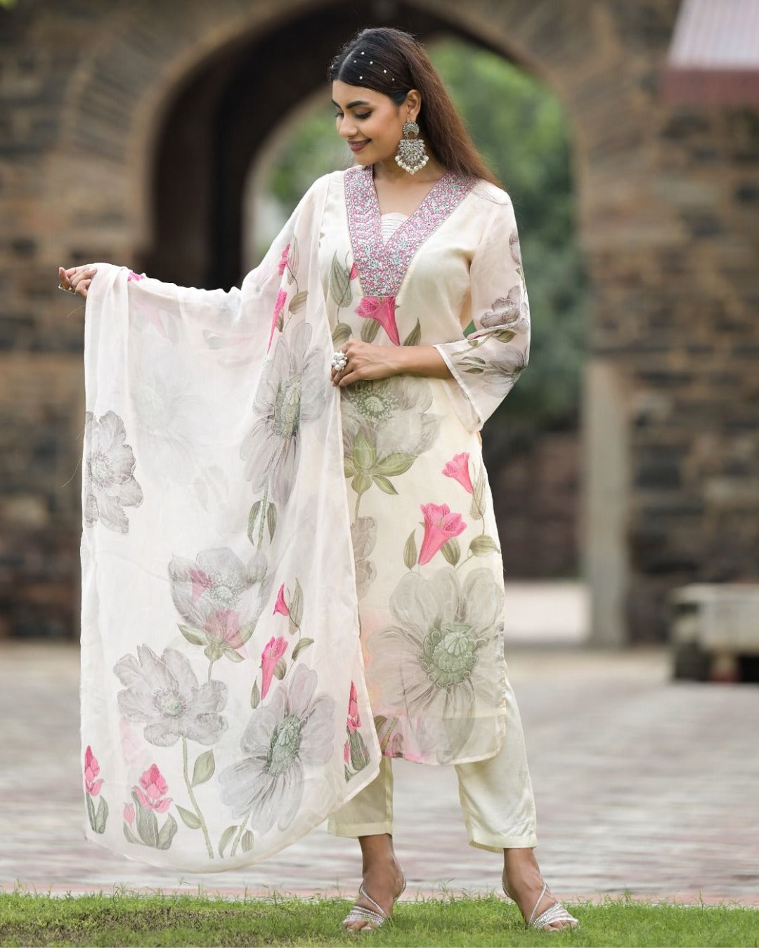 Georgette White Printed & Embroidered Top with Roman Silk Bottom & Georgette Dupatta