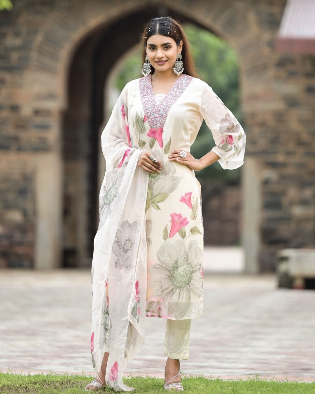 Georgette White Printed & Embroidered Top with Roman Silk Bottom & Georgette Dupatta
