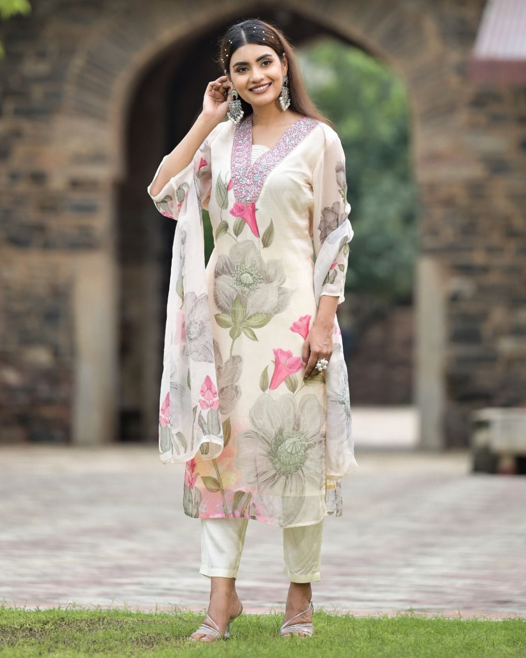 Georgette White Printed & Embroidered Top with Roman Silk Bottom & Georgette Dupatta
