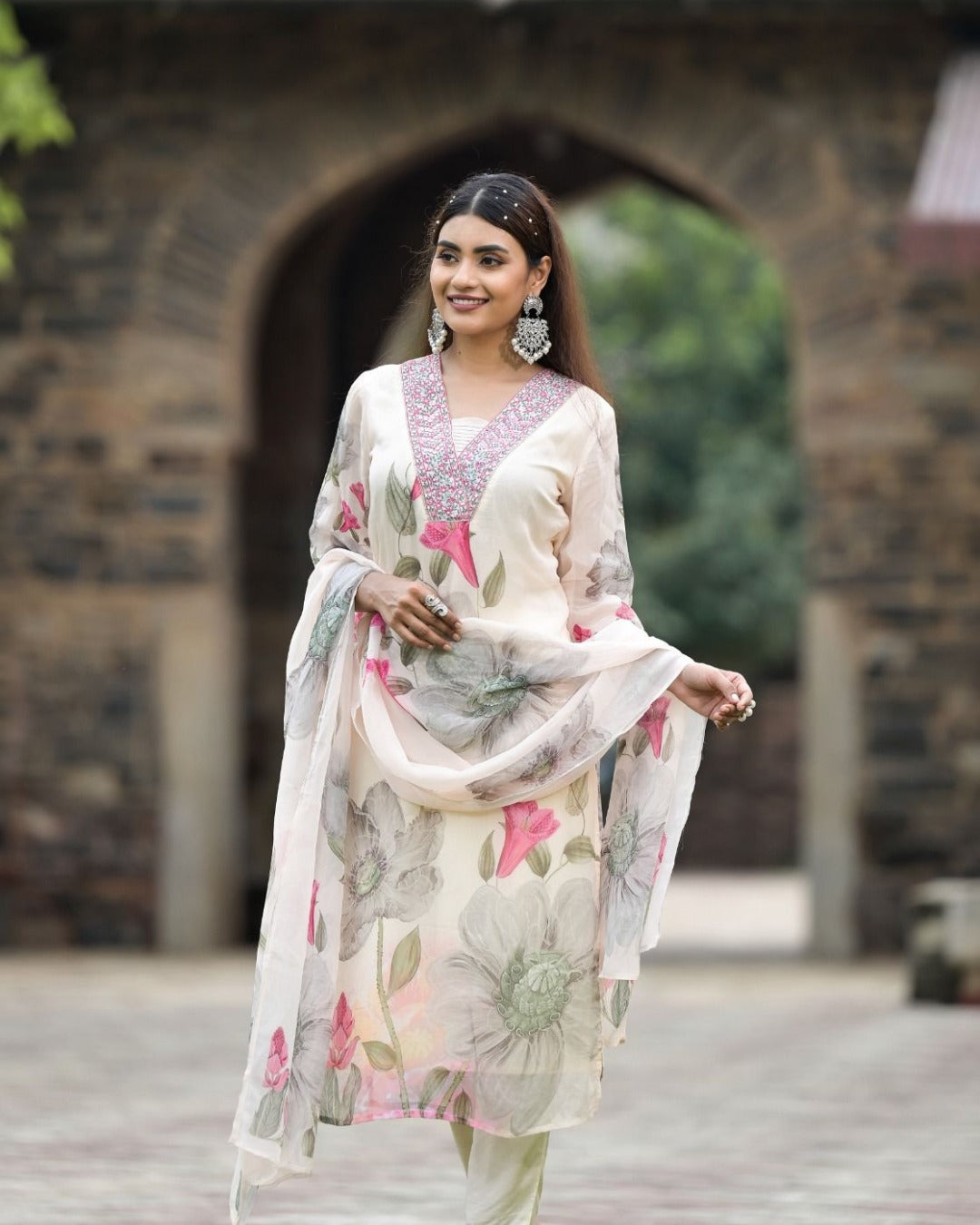 Georgette White Printed & Embroidered Top with Roman Silk Bottom & Georgette Dupatta