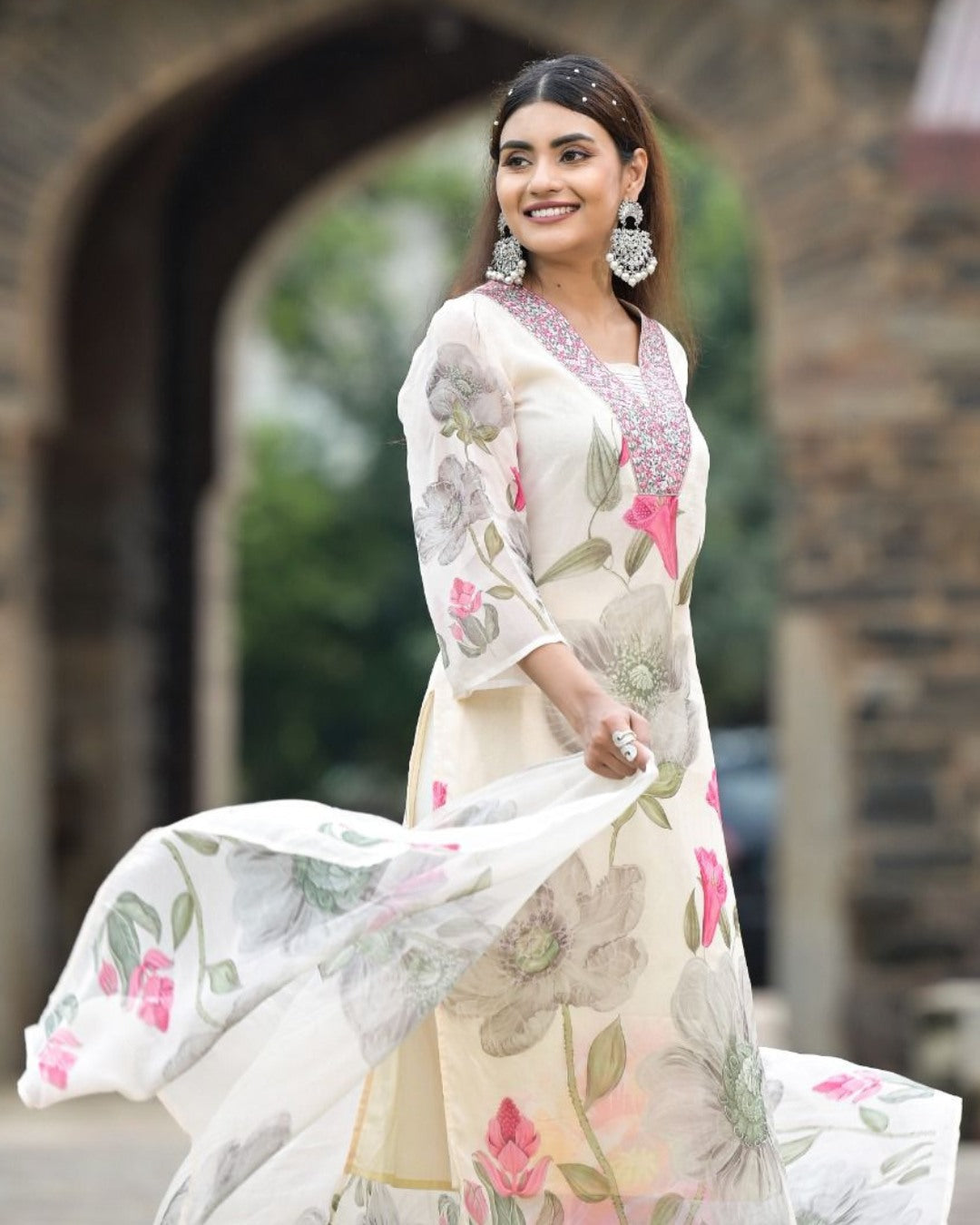 Georgette White Printed & Embroidered Top with Roman Silk Bottom & Georgette Dupatta