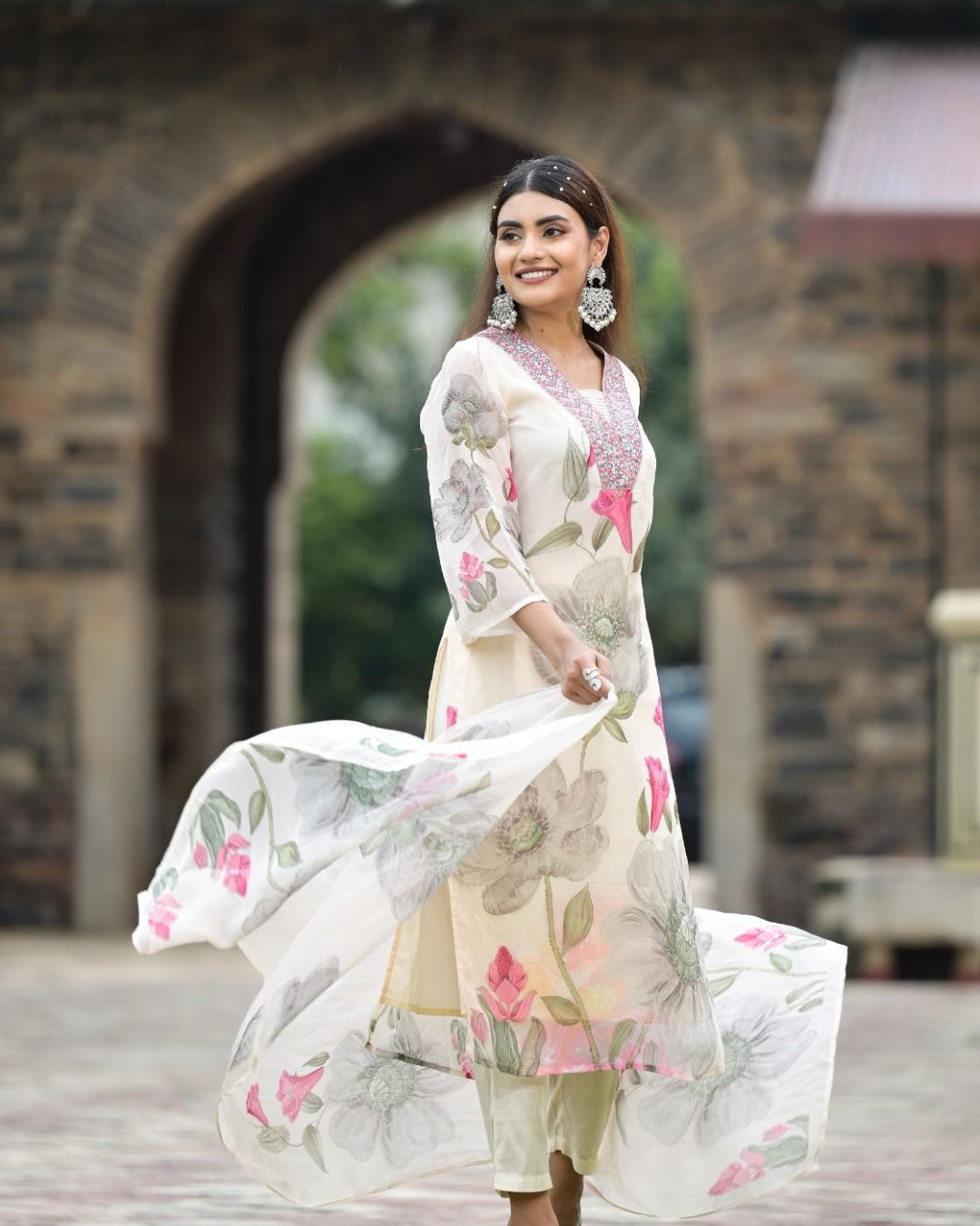 Georgette White Printed & Embroidered Top with Roman Silk Bottom & Georgette Dupatta