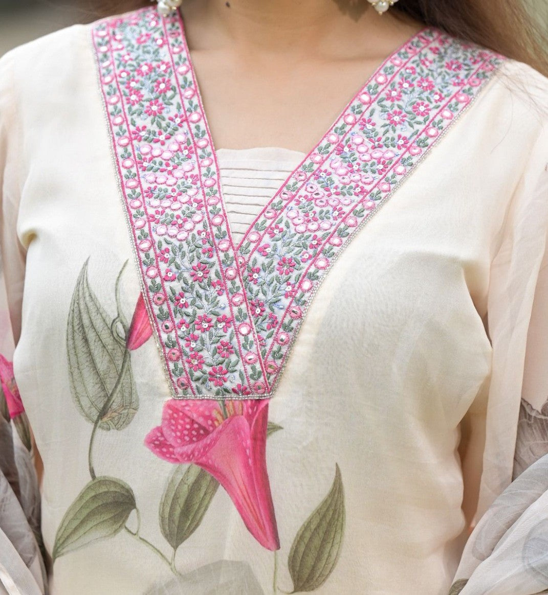 Georgette White Printed & Embroidered Top with Roman Silk Bottom & Georgette Dupatta