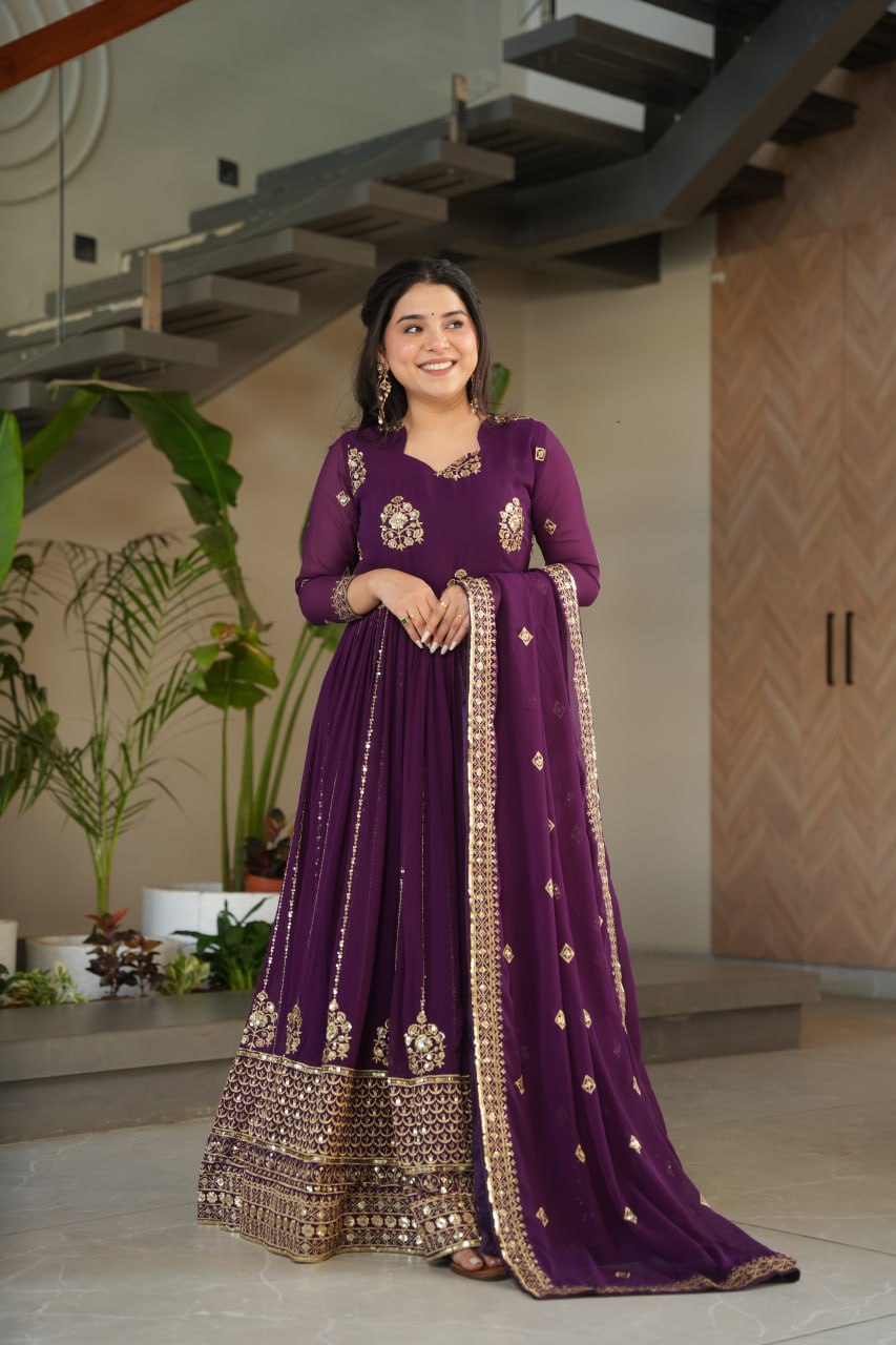 Purple Faux Blooming Gown with Rich Zari & Sequins Embroidery – Elegant Ethnic Wear
