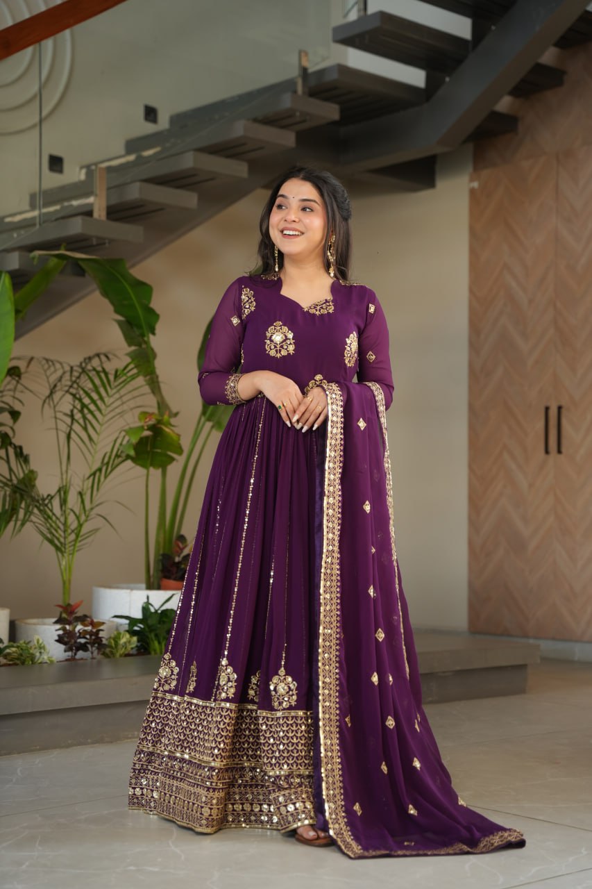 Purple Faux Blooming Gown with Rich Zari & Sequins Embroidery – Elegant Ethnic Wear
