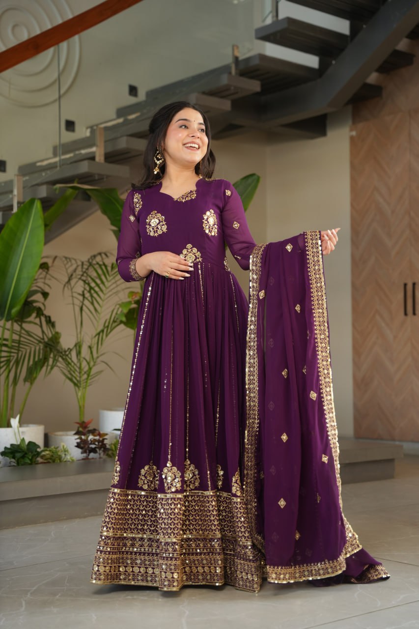 Purple Faux Blooming Gown with Rich Zari & Sequins Embroidery – Elegant Ethnic Wear