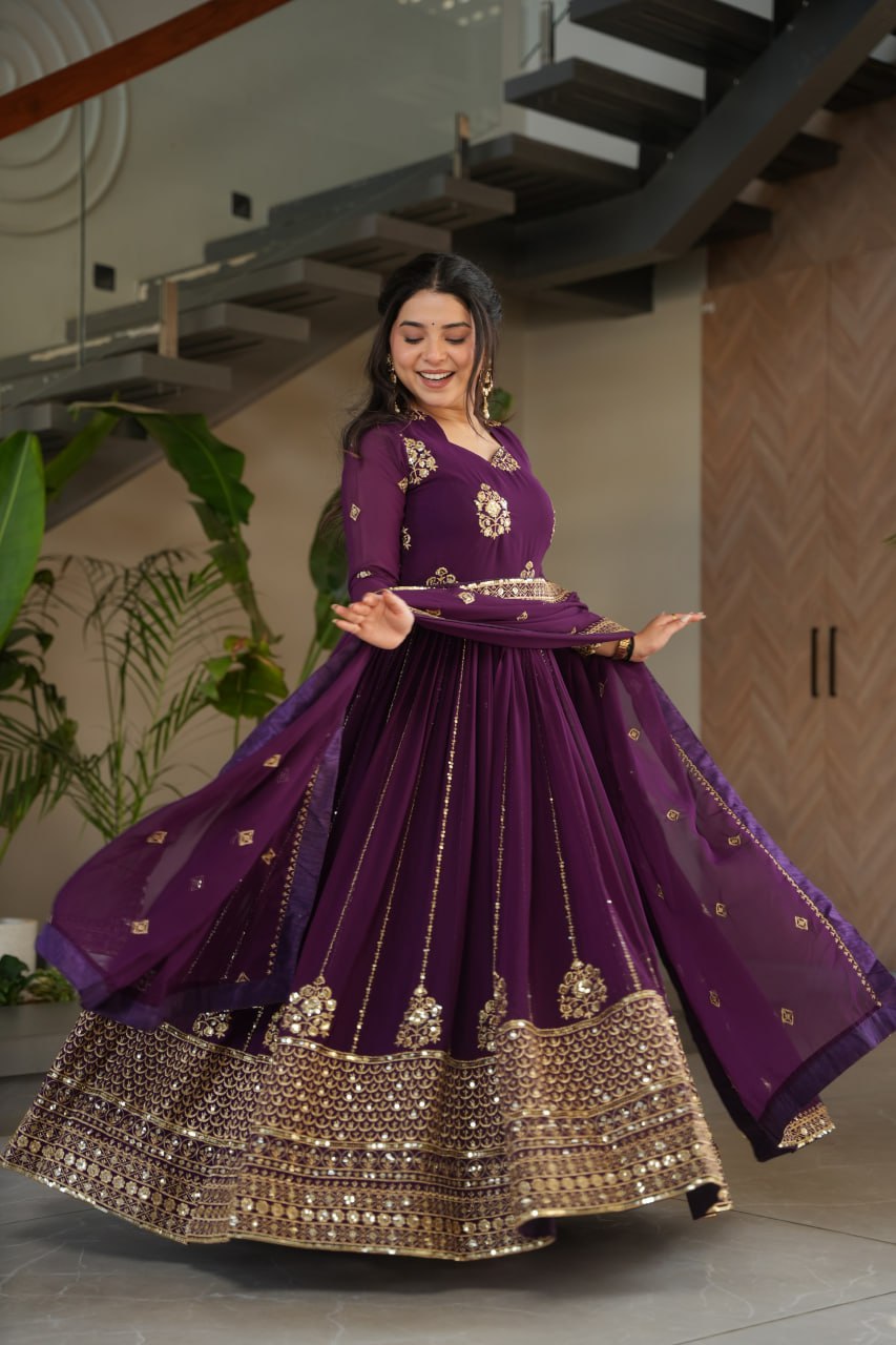 Purple Faux Blooming Gown with Rich Zari & Sequins Embroidery – Elegant Ethnic Wear