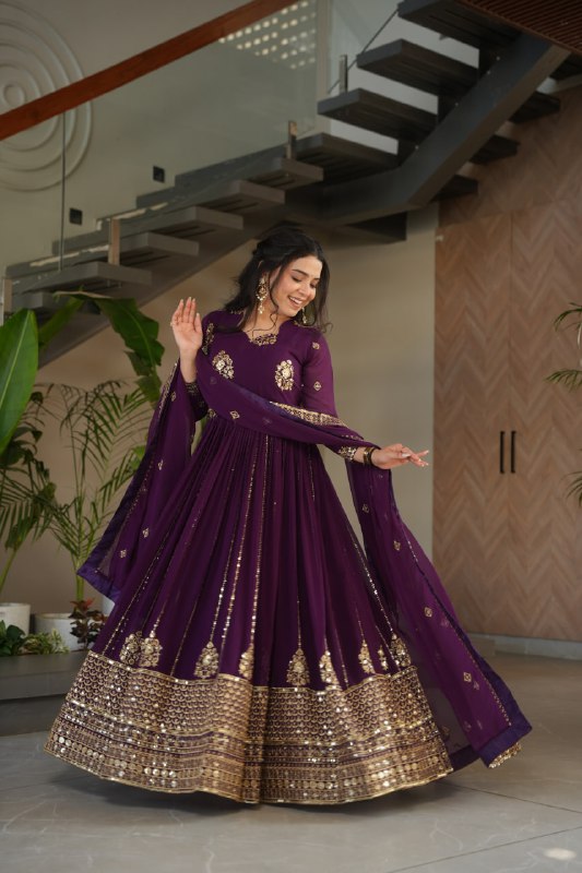 Purple Faux Blooming Gown with Rich Zari & Sequins Embroidery – Elegant Ethnic Wear