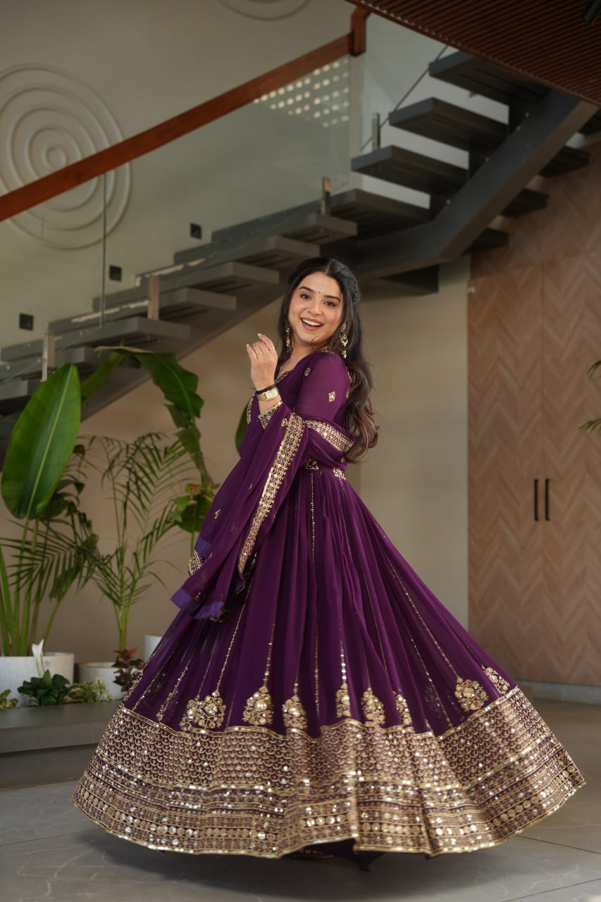 Purple Faux Blooming Gown with Rich Zari & Sequins Embroidery – Elegant Ethnic Wear
