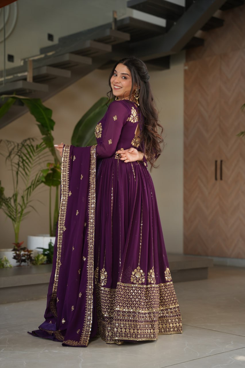 Purple Faux Blooming Gown with Rich Zari & Sequins Embroidery – Elegant Ethnic Wear