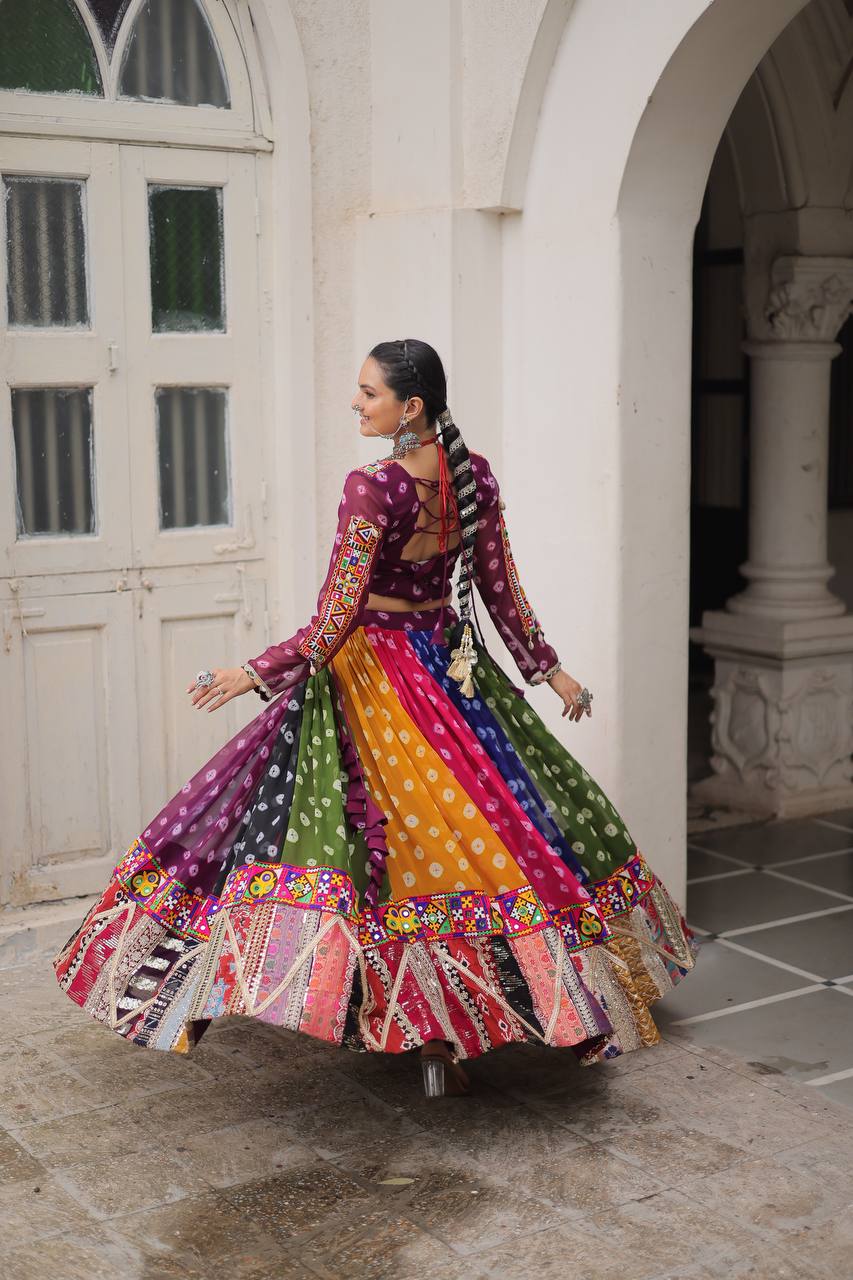 Georgette Printed Lehenga Choli Set with Vintage & Kutchi Gamthi Embellished Work (Full-Stitched)