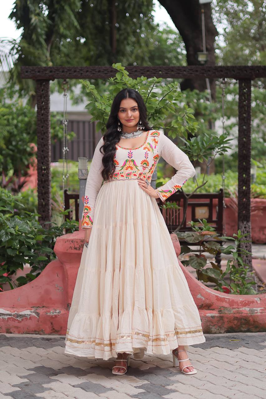 Off White Kora Cotton Gown for Women with Multi-Thread Embroidery & Gota Patti Work – Elegant Ethnic Wear (User can adjust From 38" to 44" for your body comfort)