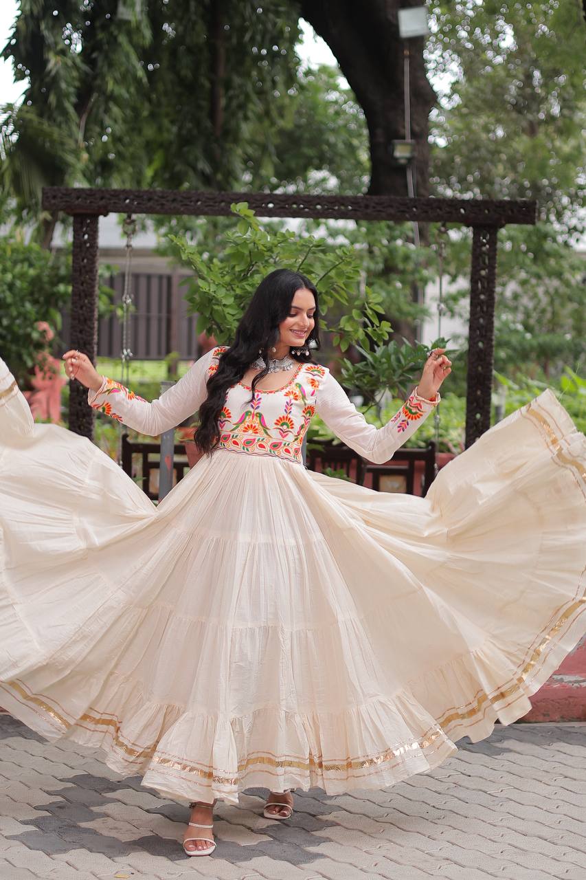 Off White Kora Cotton Gown for Women with Multi-Thread Embroidery & Gota Patti Work – Elegant Ethnic Wear (User can adjust From 38" to 44" for your body comfort)
