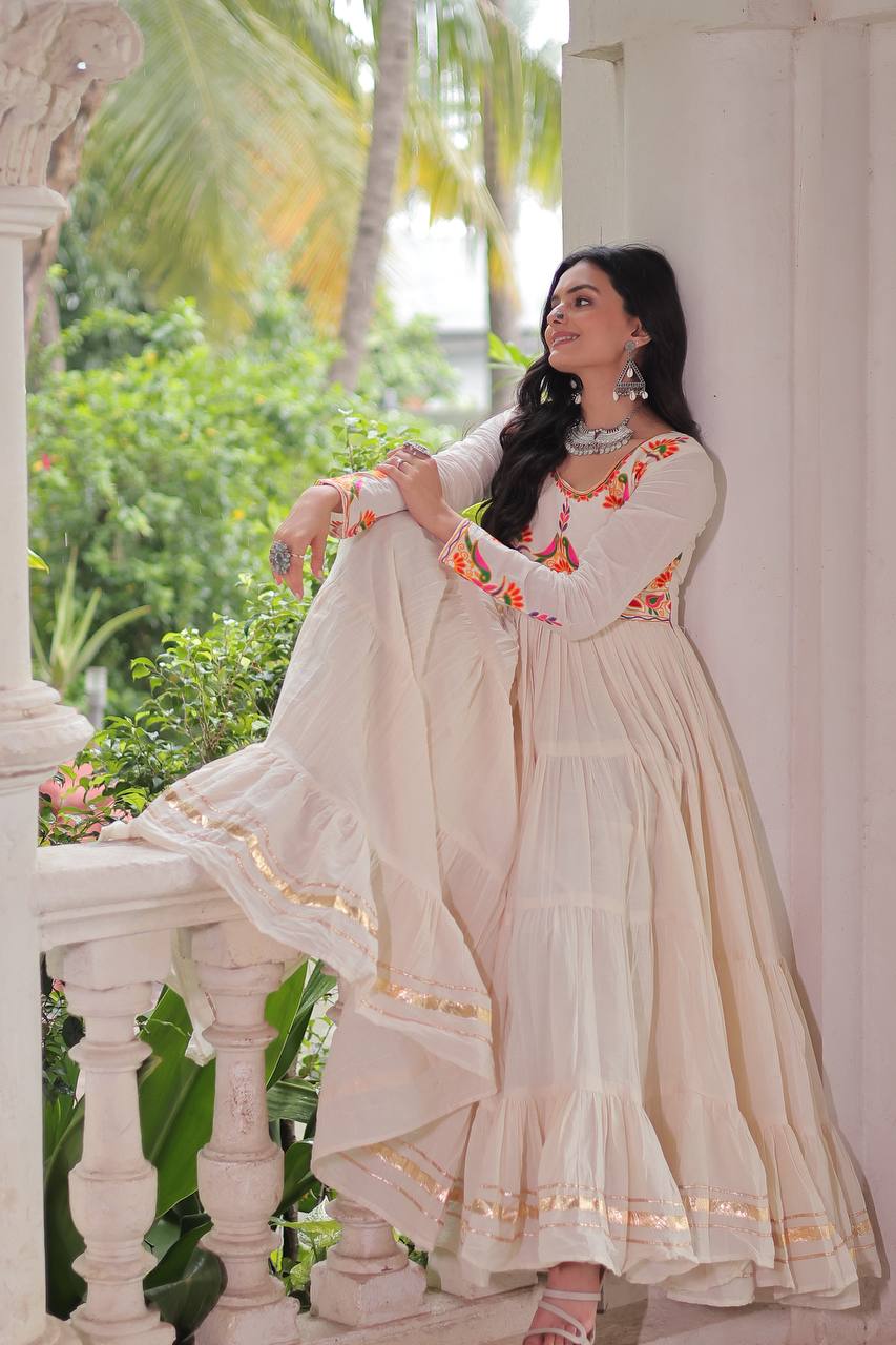 Off White Kora Cotton Gown for Women with Multi-Thread Embroidery & Gota Patti Work – Elegant Ethnic Wear (User can adjust From 38" to 44" for your body comfort)