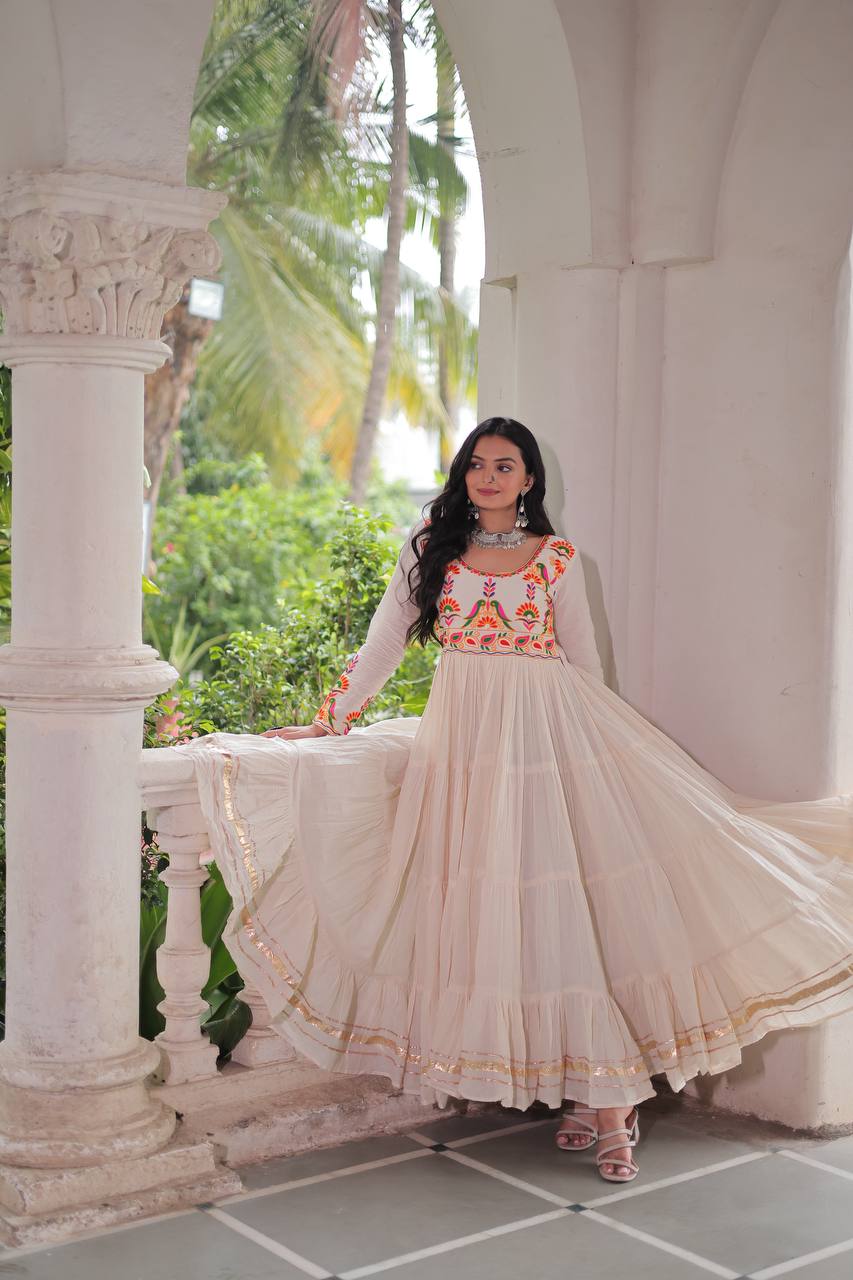 Off White Kora Cotton Gown for Women with Multi-Thread Embroidery & Gota Patti Work – Elegant Ethnic Wear (User can adjust From 38" to 44" for your body comfort)