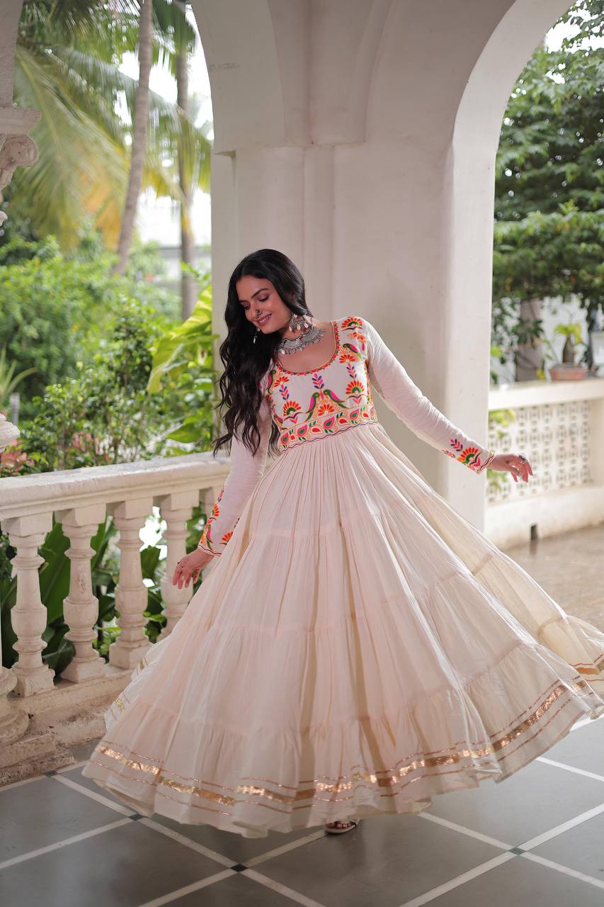 Off White Kora Cotton Gown for Women with Multi-Thread Embroidery & Gota Patti Work – Elegant Ethnic Wear (User can adjust From 38" to 44" for your body comfort)