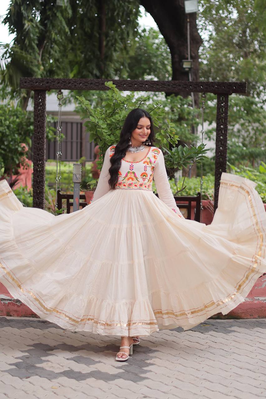 Off White Kora Cotton Gown for Women with Multi-Thread Embroidery & Gota Patti Work – Elegant Ethnic Wear (User can adjust From 38" to 44" for your body comfort)