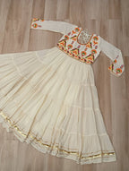 Off White Kora Cotton Gown for Women with Multi-Thread Embroidery & Gota Patti Work – Elegant Ethnic Wear (User can adjust From 38" to 44" for your body comfort)