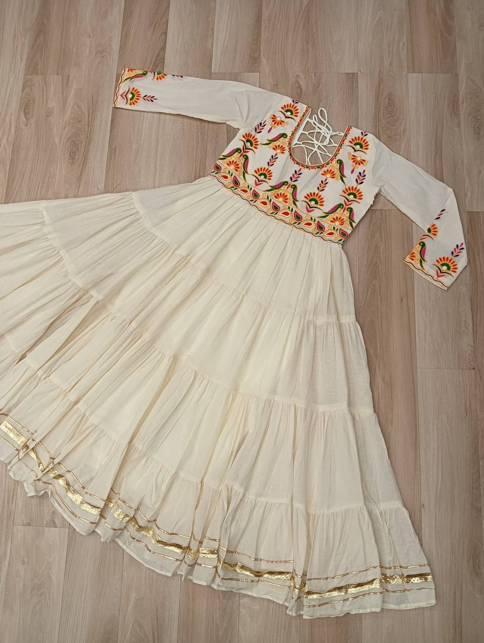 Off White Kora Cotton Gown for Women with Multi-Thread Embroidery & Gota Patti Work – Elegant Ethnic Wear (User can adjust From 38" to 44" for your body comfort)
