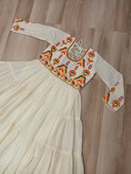 Off White Kora Cotton Gown for Women with Multi-Thread Embroidery & Gota Patti Work – Elegant Ethnic Wear (User can adjust From 38" to 44" for your body comfort)